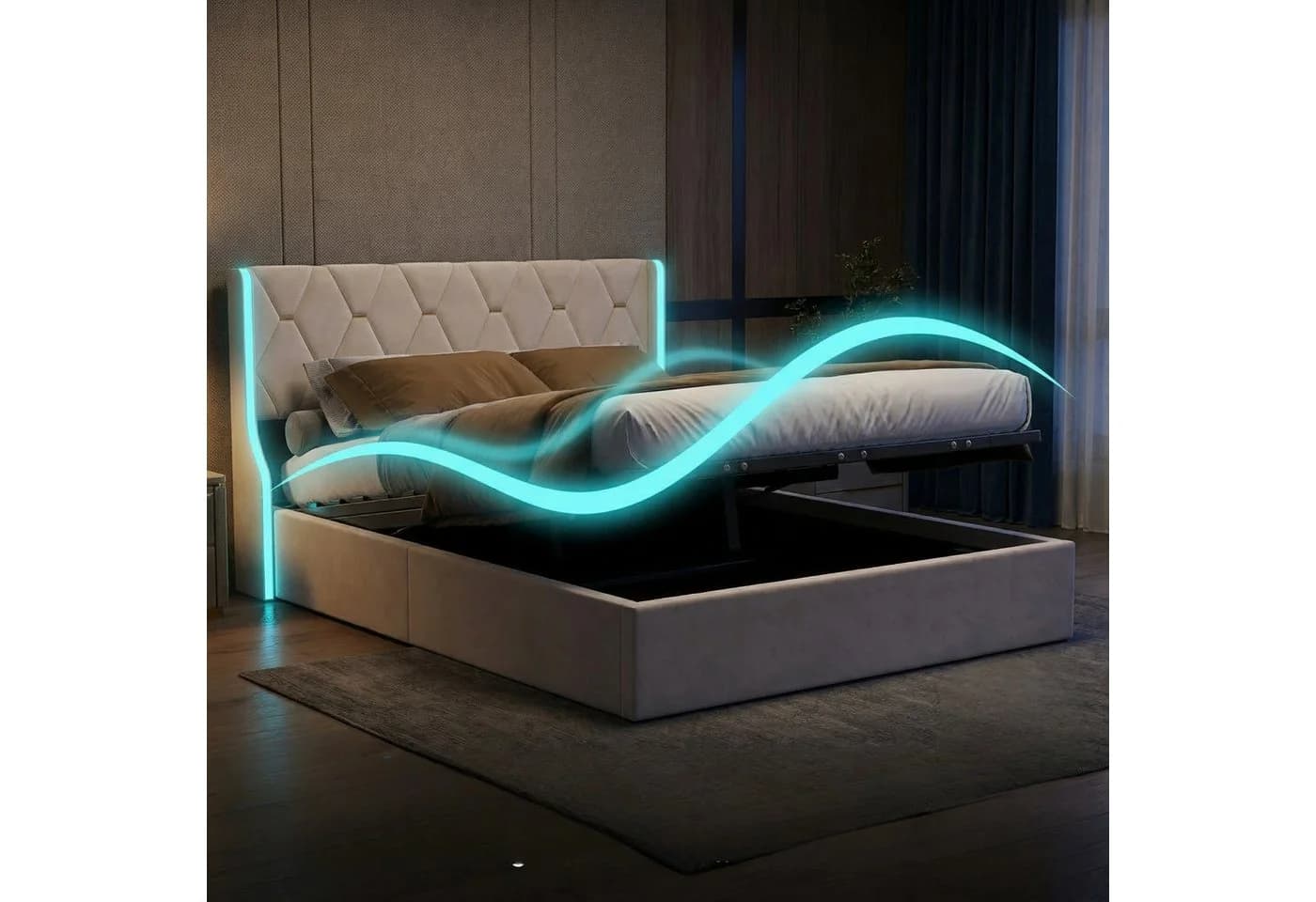 PXloue Polsterbett Doppelbett Stauraumbett mit Bettkasten Beige - Bild 2