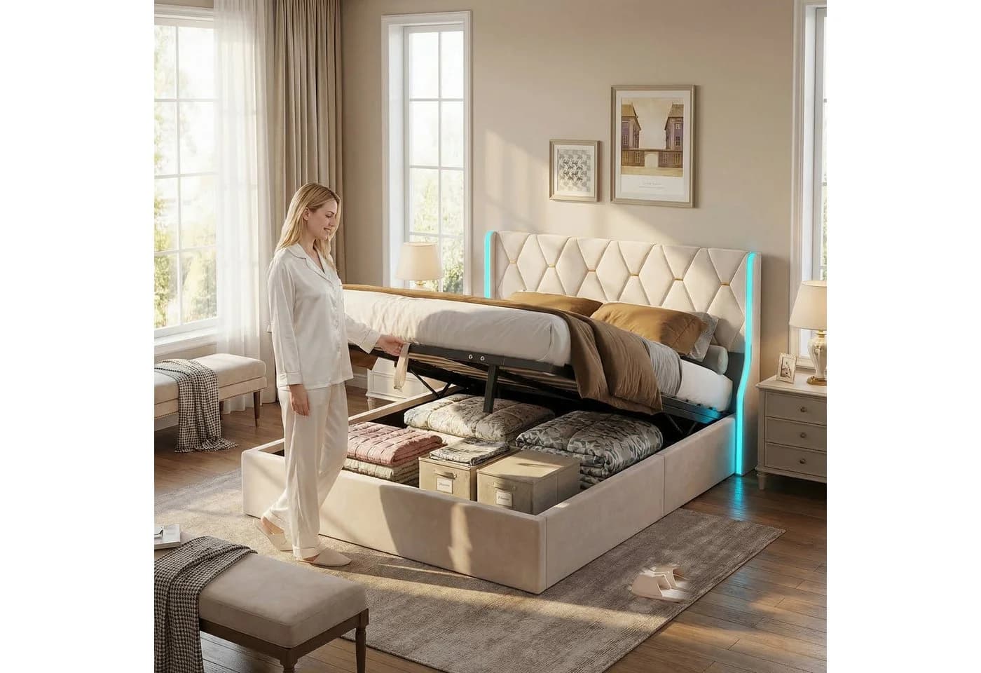 PXloue Polsterbett Doppelbett Stauraumbett mit Bettkasten Beige - Bild 5
