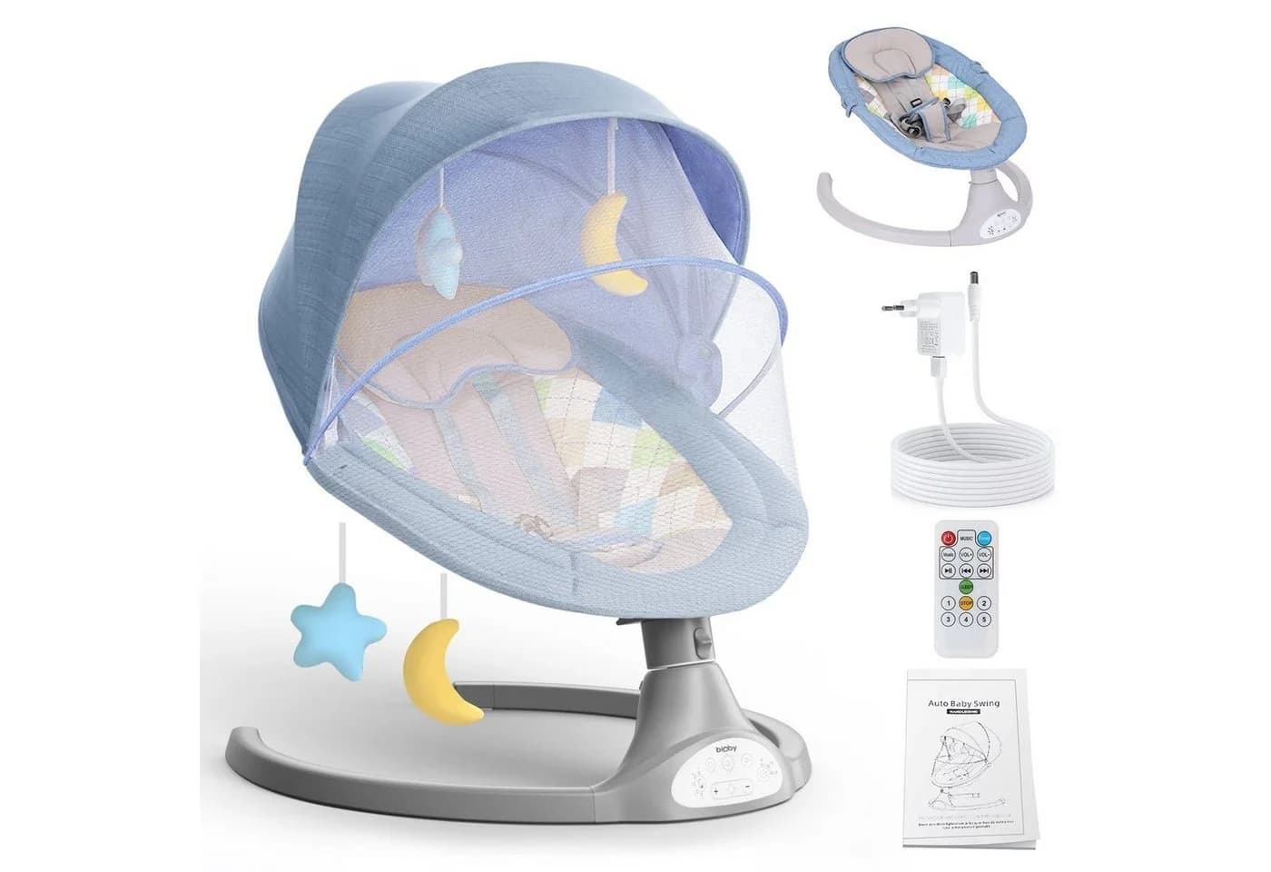 Insma Babywippe Elektrisch Babyschaukel Bluetooth Musik 5 Gang Blau - Bild 2