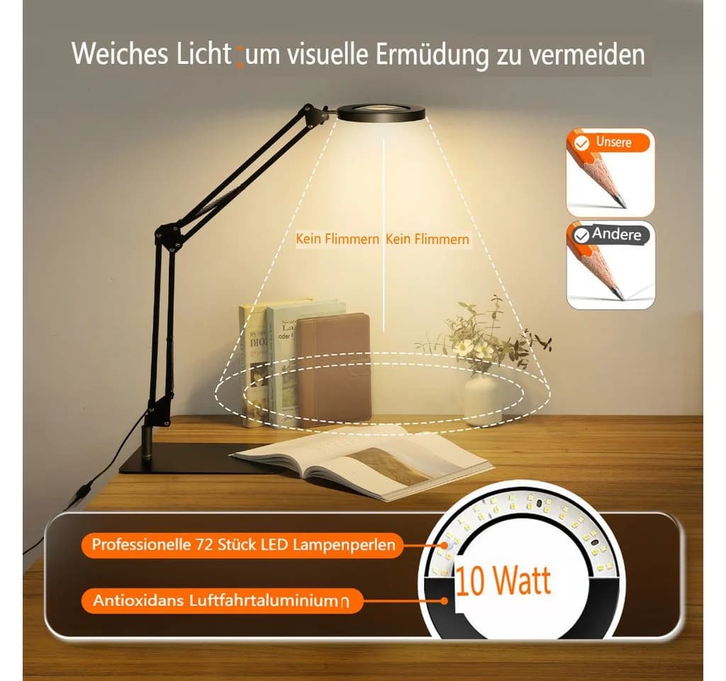 Insma Lupenlampe 10W Tischleuchte mit 10-facher Vergrößerung, Basis und Klemme, 3 Farben dimmbar, 3000K-6000K Schreibtischlampe USB - Bild 5