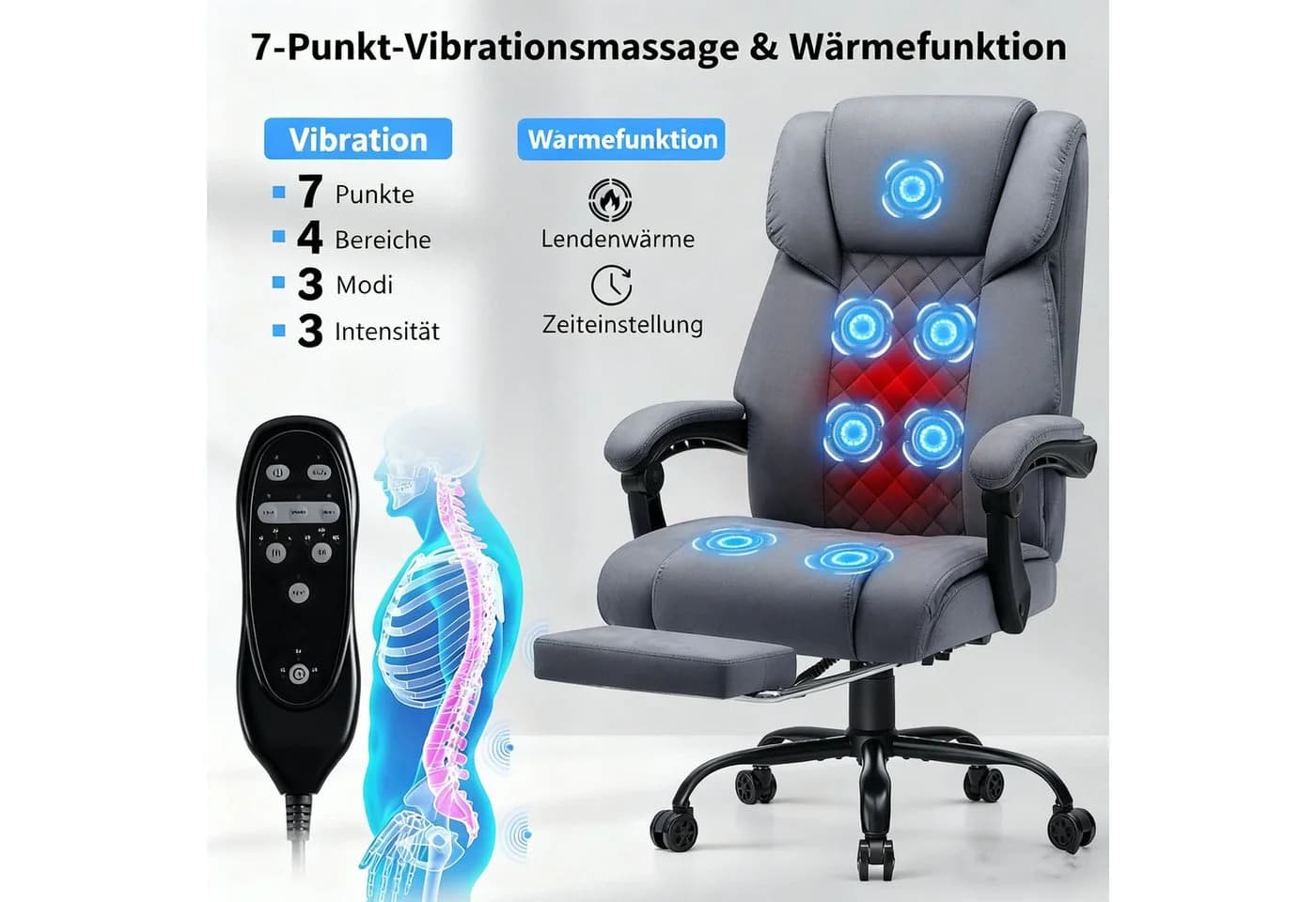 Insma Gaming-Stuhl (bis 180kg) Massage-Bürostuhl mit Heizfunktion, hoher Rückenlehne & Fußstütze