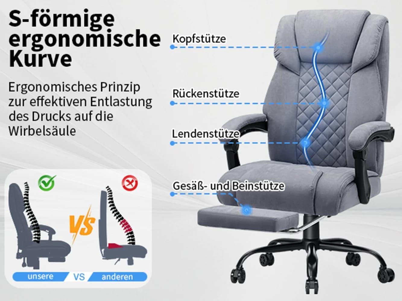 Insma Gaming-Stuhl (bis 180kg) Massage-Bürostuhl mit Heizfunktion, hoher Rückenlehne & Fußstütze - Bild 4