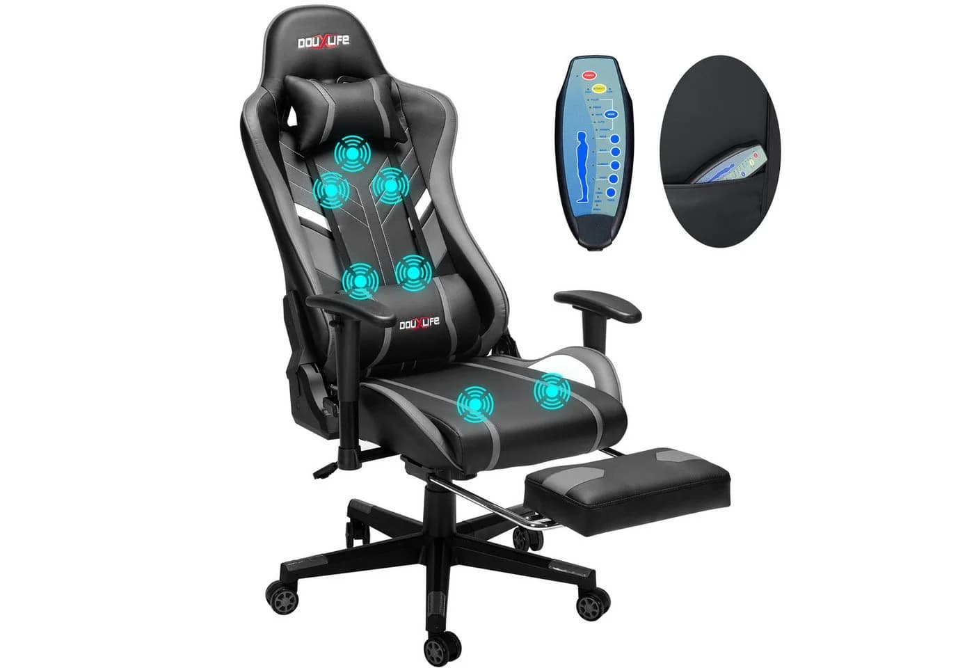 Douxlife Gaming-Stuhl mit Massagefunktion, Höhenverstellbar, Schwarz/Grau - Bild 2