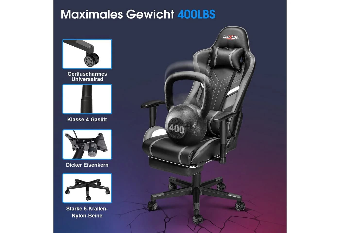 Douxlife Gaming-Stuhl mit Massagefunktion, Höhenverstellbar, Schwarz/Grau - Bild 4
