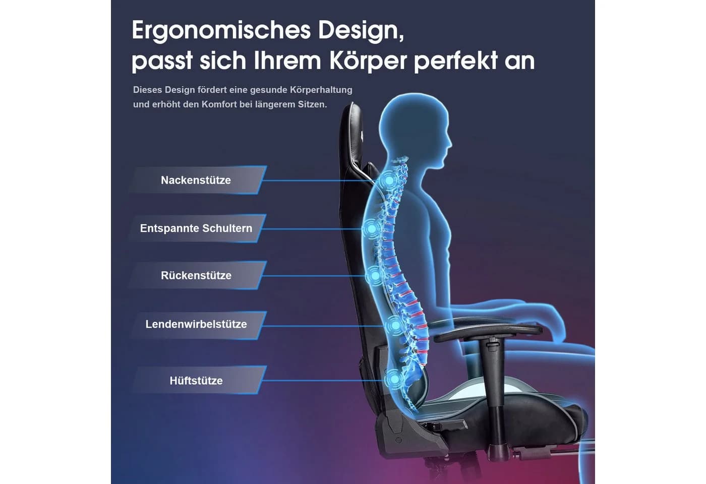 Douxlife Gaming-Stuhl mit Massagefunktion, Höhenverstellbar, Schwarz/Grau - Bild 5