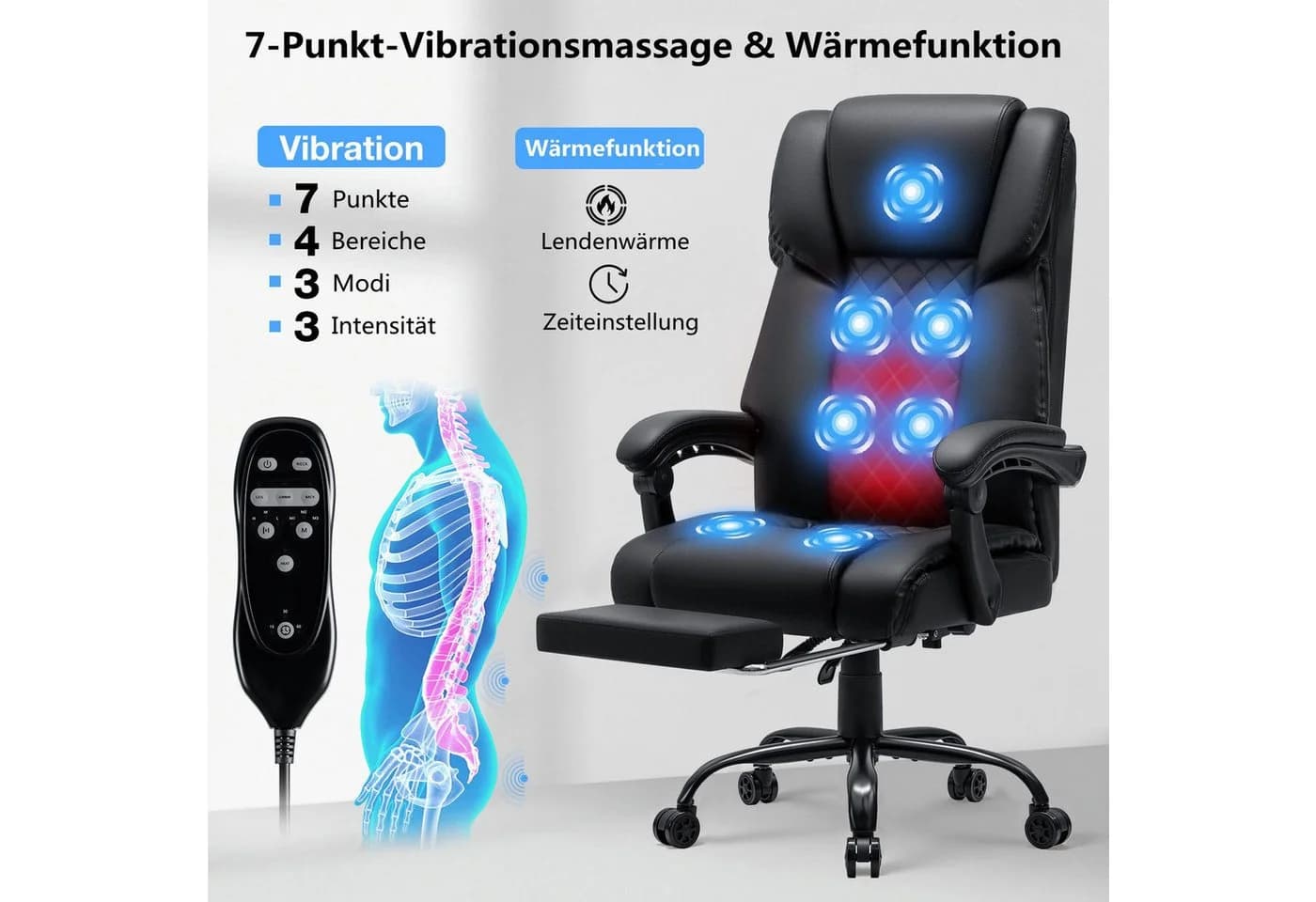 Insma Gaming-Stuhl (bis 180kg) Massage-Bürostuhl mit Heizfunktion, hoher Rückenlehne & Fußstütze