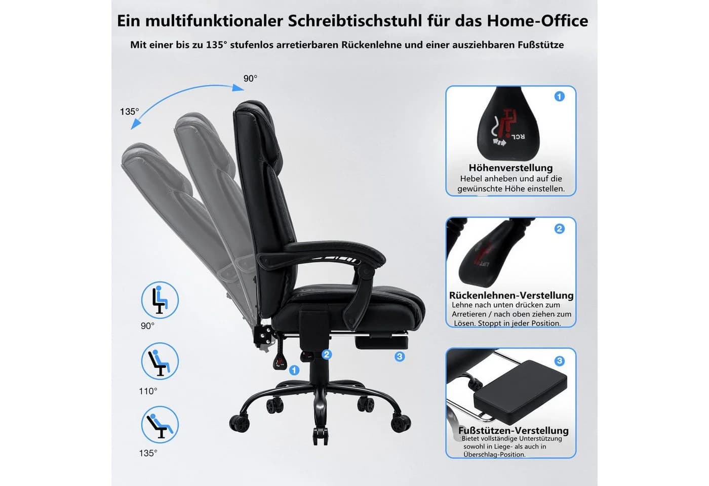 Insma Gaming-Stuhl (bis 180kg) Massage-Bürostuhl mit Heizfunktion, hoher Rückenlehne & Fußstütze - Bild 4