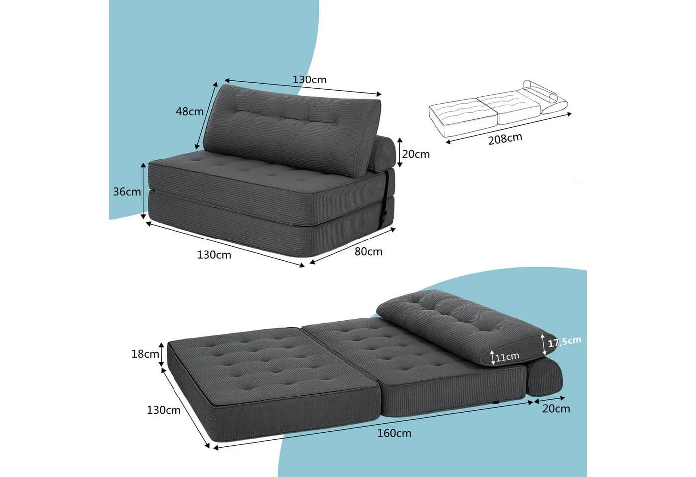 MECO Schlafsofa Faltbares Sofa-Bett 80x130x40 cm Grau - Bild 5