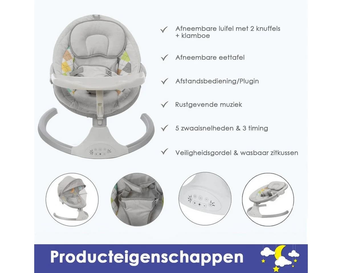 Insma Elektrische Babyschaukel 5 Gänge Weiß/Grau mit Esstisch und Musik