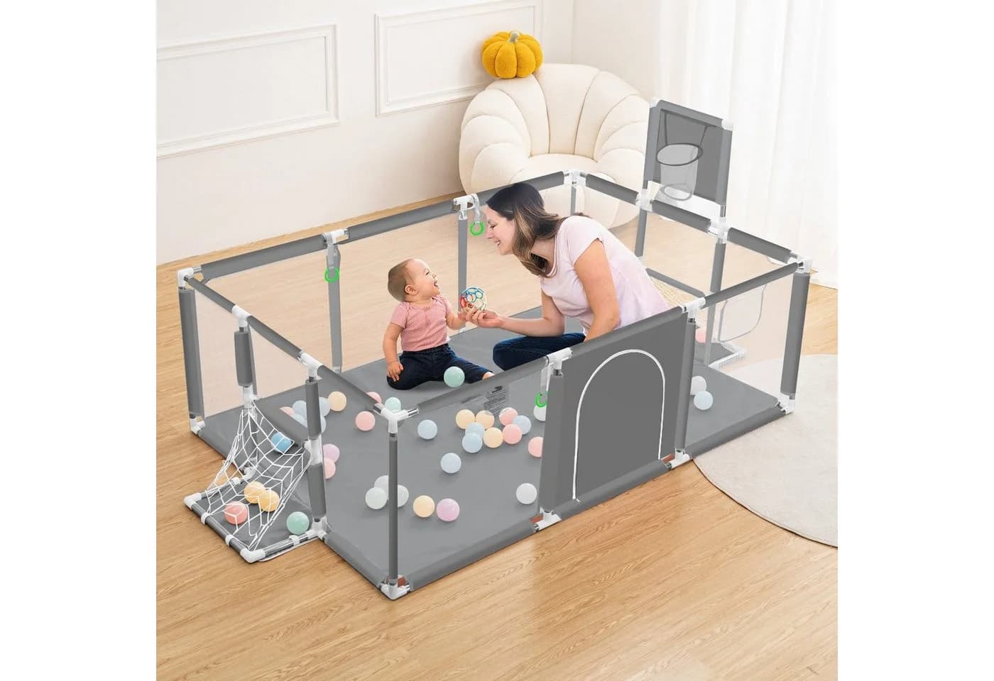 Comomy Laufstall Baby Schutzgitter mit Basketball und Fußball-Netz