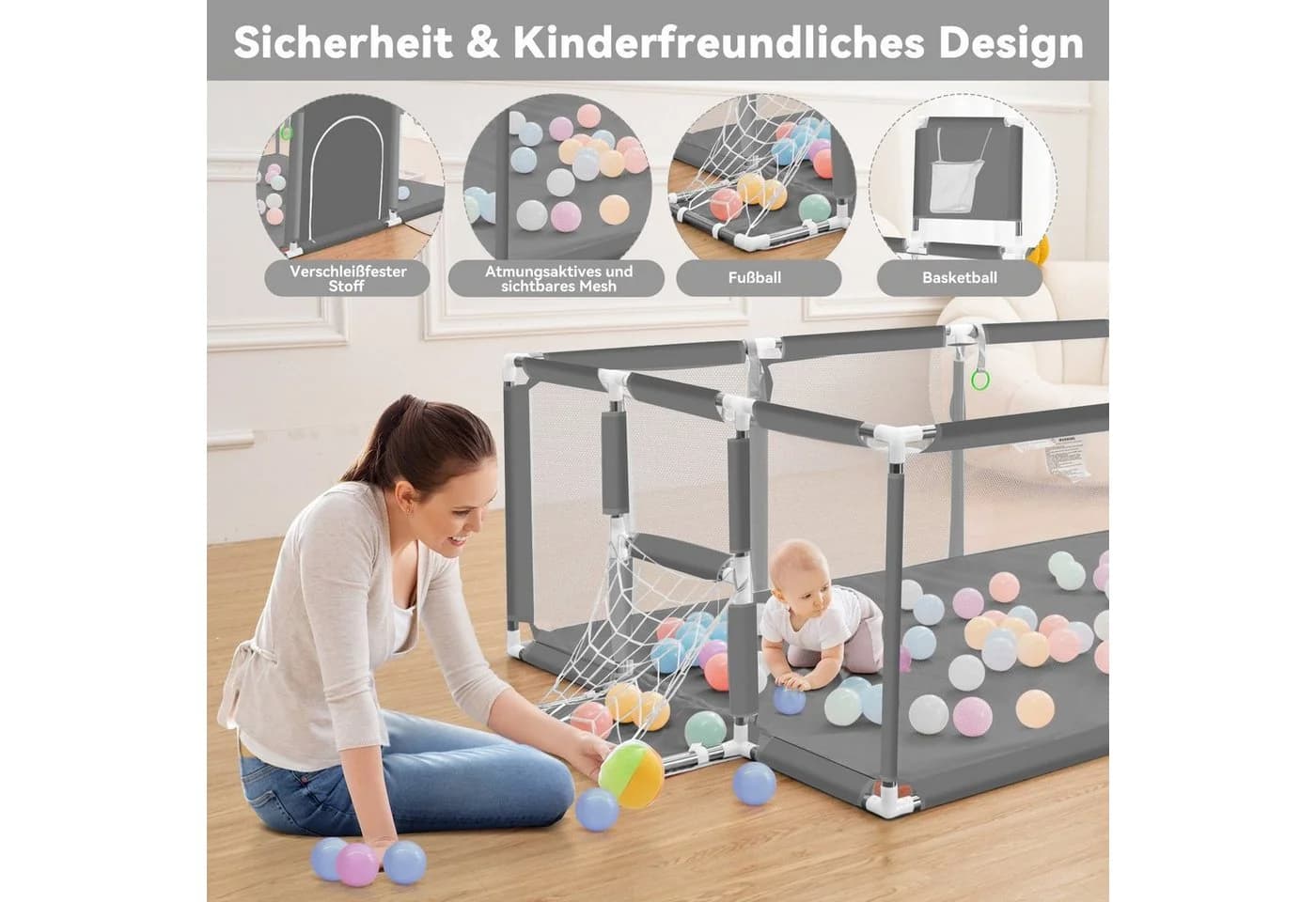 Comomy Laufstall Baby Schutzgitter mit Basketball und Fußball-Netz - Bild 3