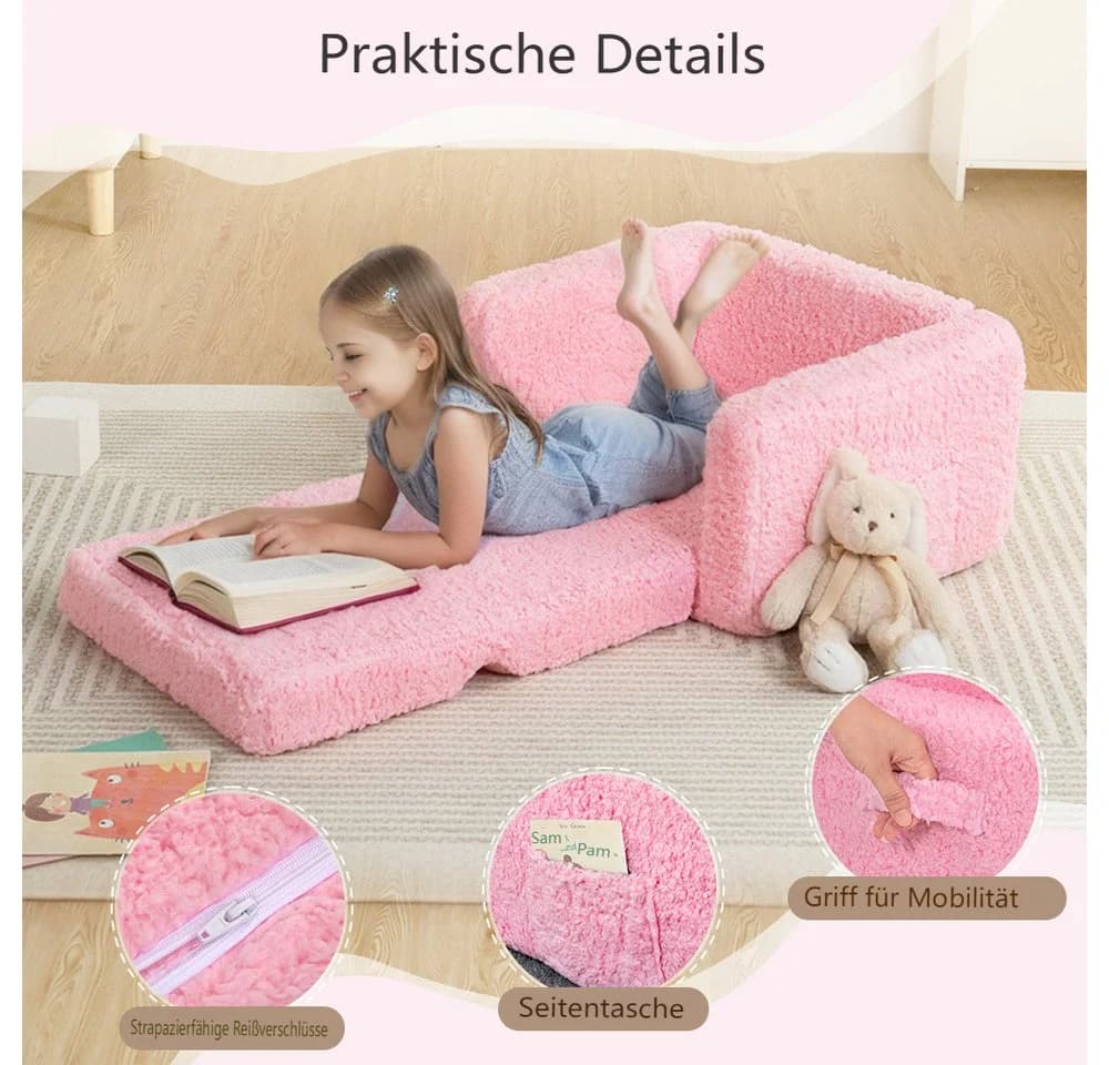 Insma Kindersofa Klappbar 2 in 1 Schlafsofa Rosa mit Seitentasche - Bild 3