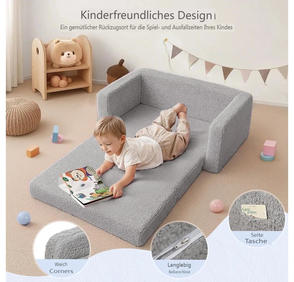CAVEEN Kindersofa 2-in-1 Schlafsofa Grau mit Seitentaschen