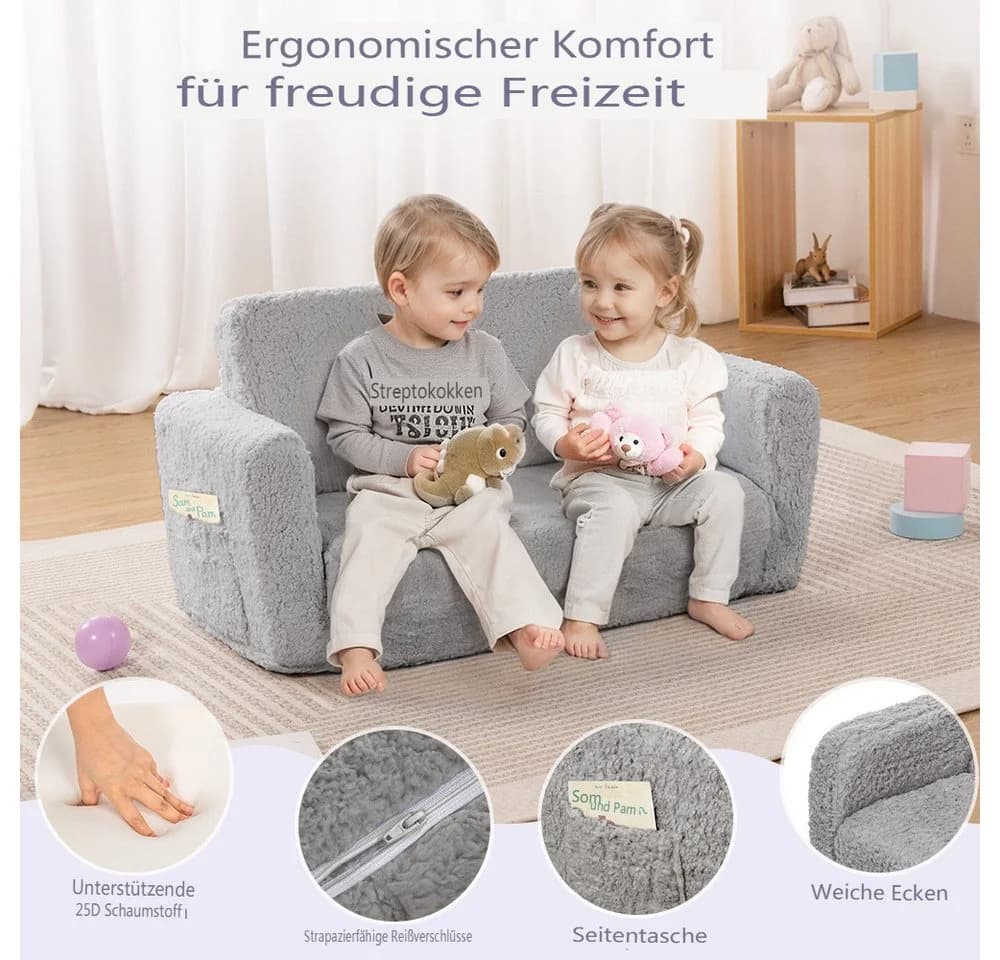 CAVEEN Kindersofa 2-in-1 Schlafsofa Grau mit Seitentaschen - Bild 3