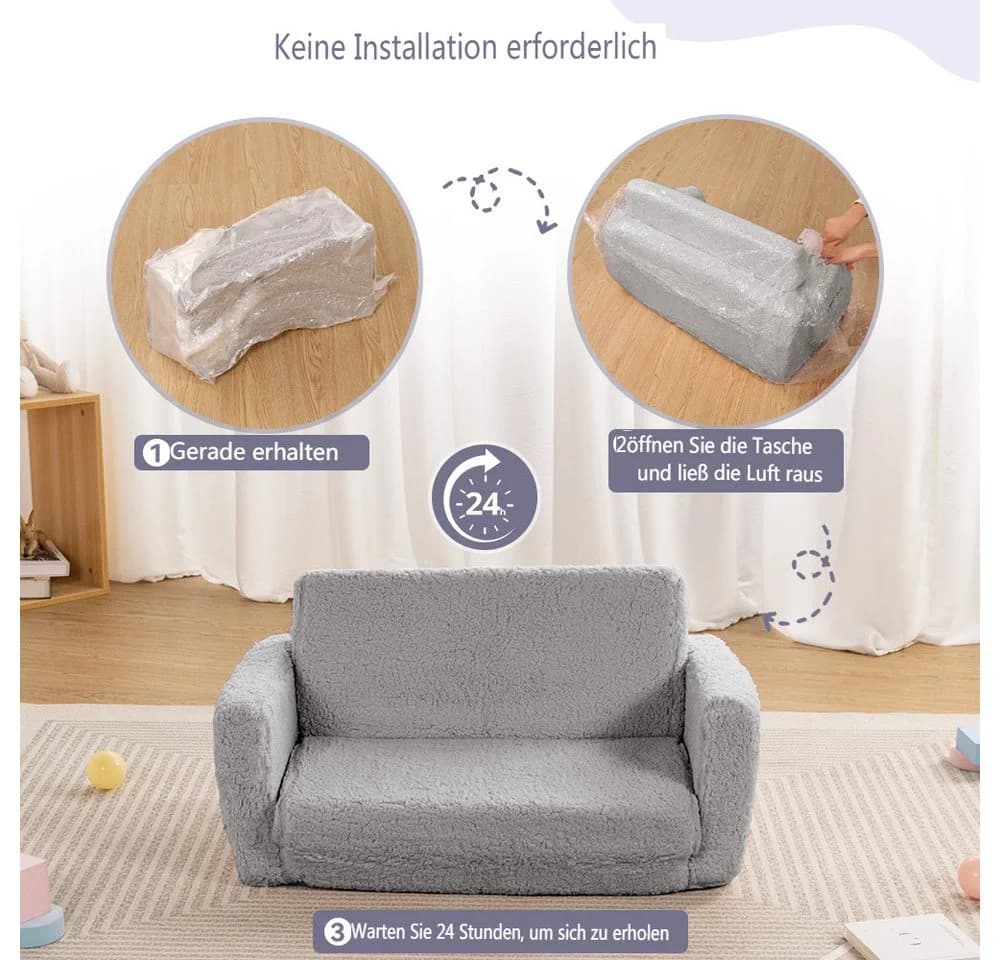 CAVEEN Kindersofa 2-in-1 Schlafsofa Grau mit Seitentaschen - Bild 5