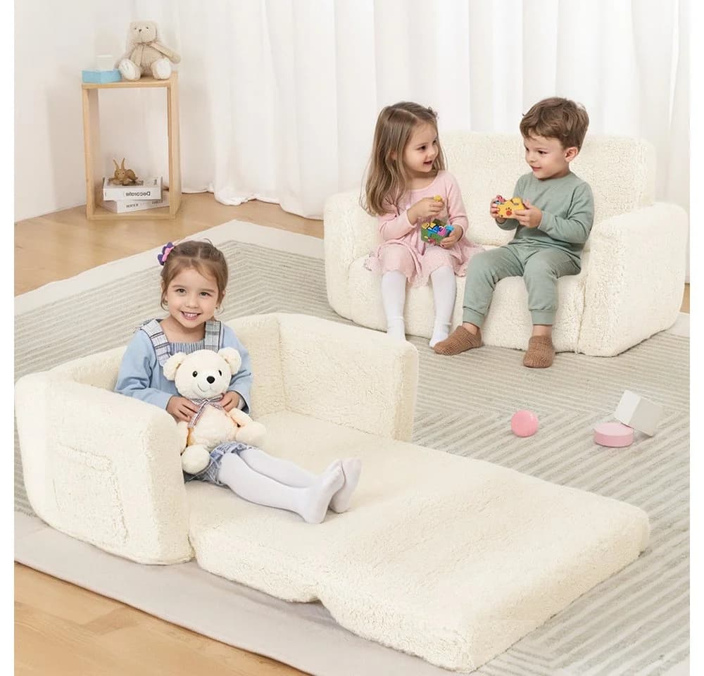 CAVEEN Kindersofa 2-in-1 Beige mit Seitentaschen