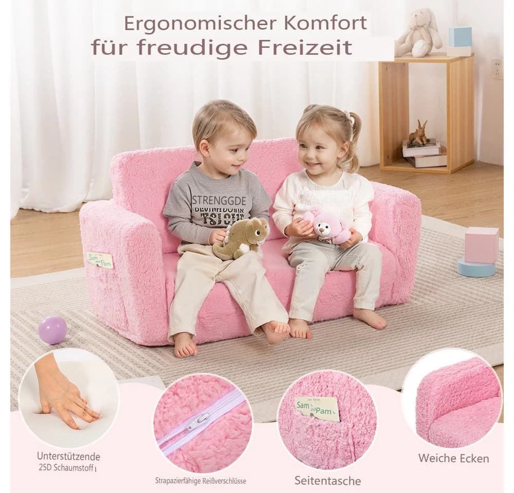 CAVEEN Kindersofa 2-in-1 Rosa Faltbar mit Liegefläche