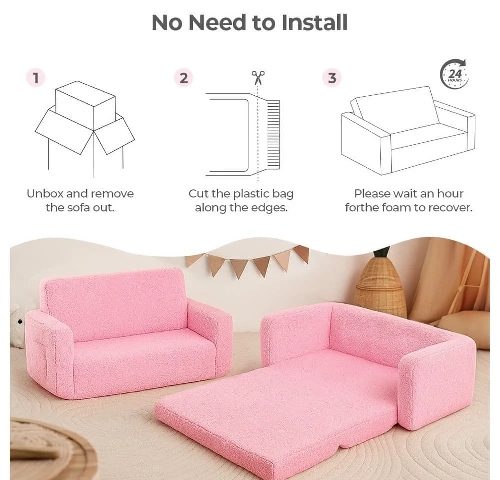 CAVEEN Kindersofa 2-in-1 Rosa Faltbar mit Liegefläche - Bild 5