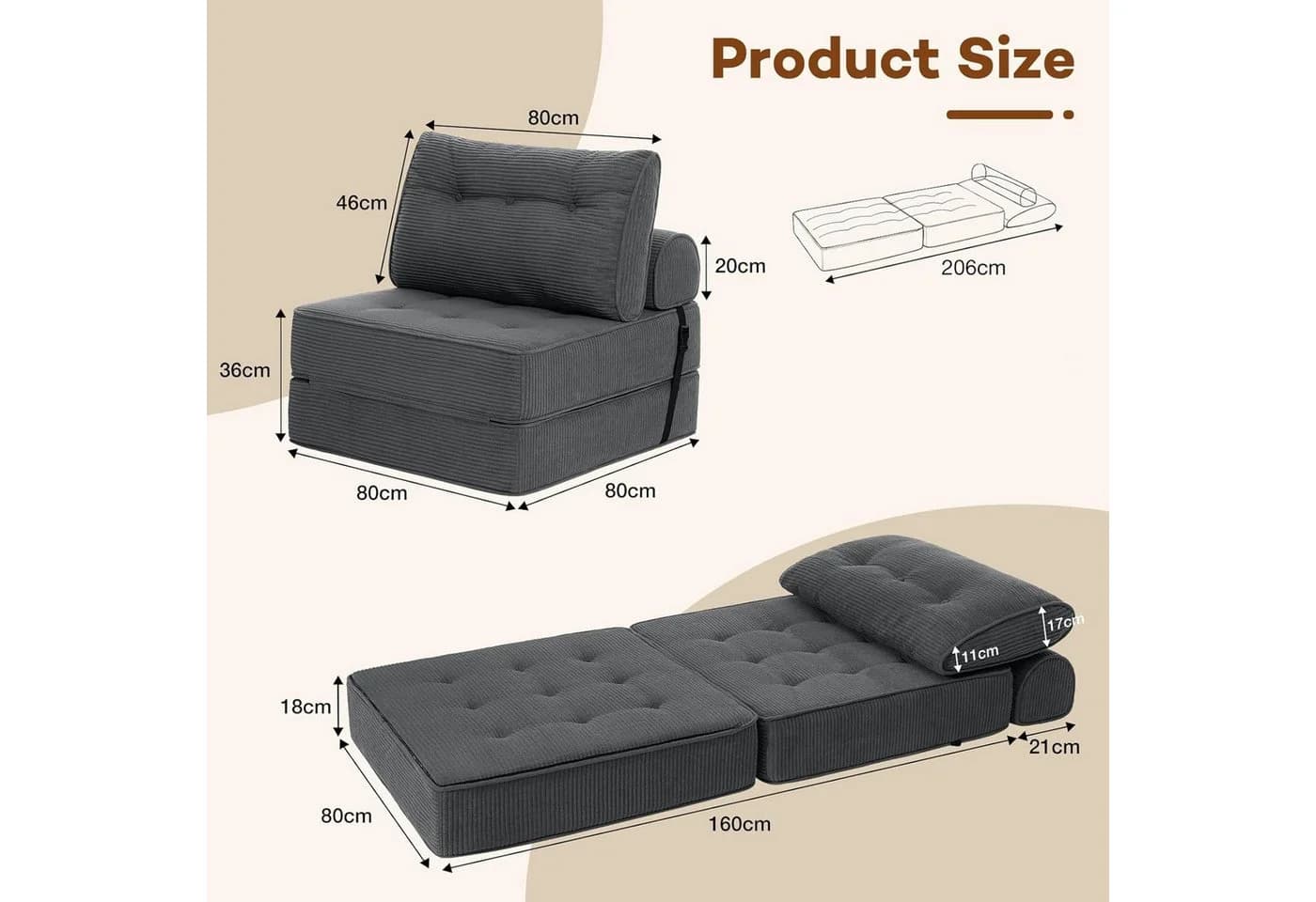 MECO Schlafsofa Klappsofa Cordstoff Vollschaum-Polsterung - Bild 5