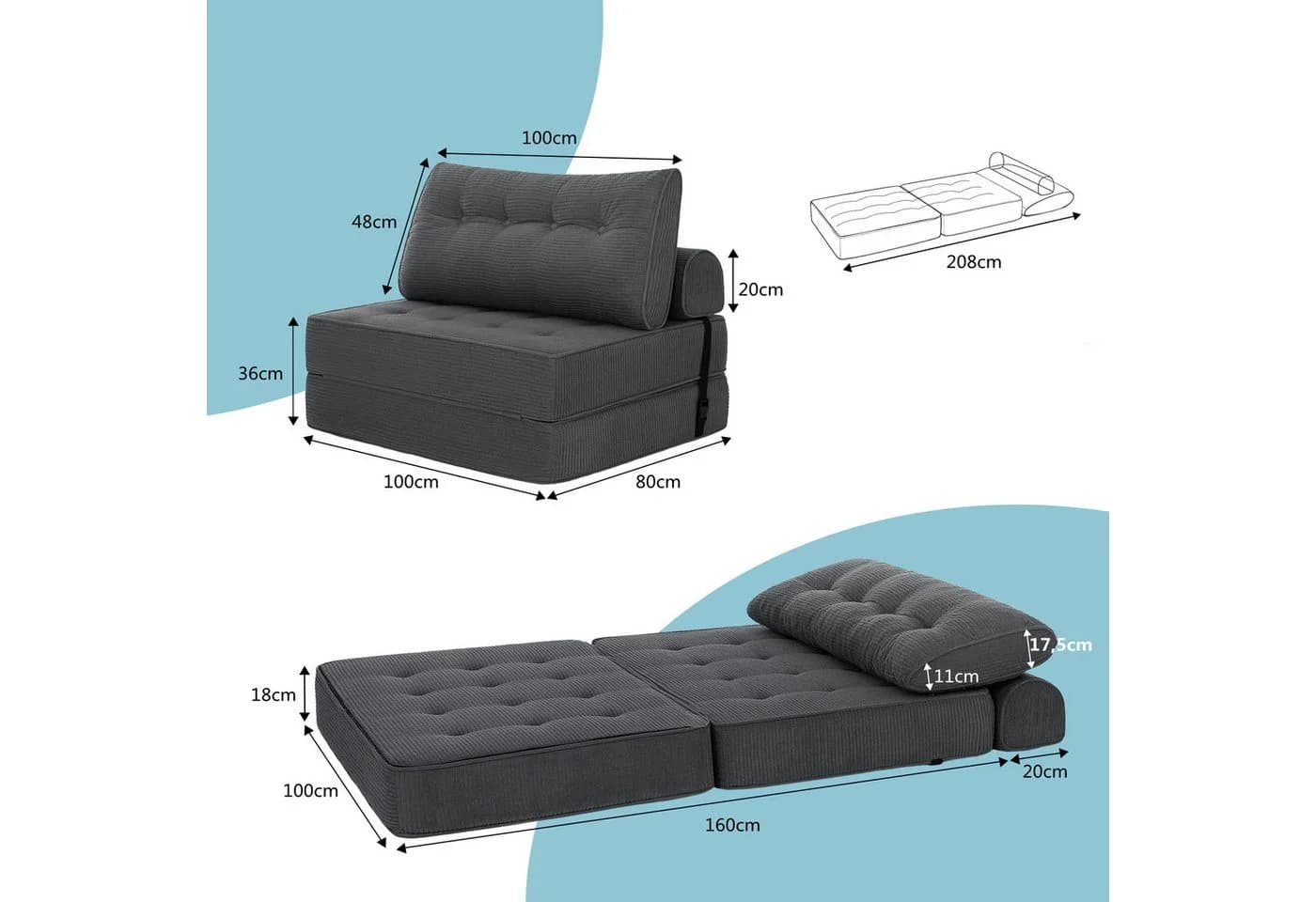 MECO Schlafsofa 3-in-1 Cord-Bezug Modern - Bild 5