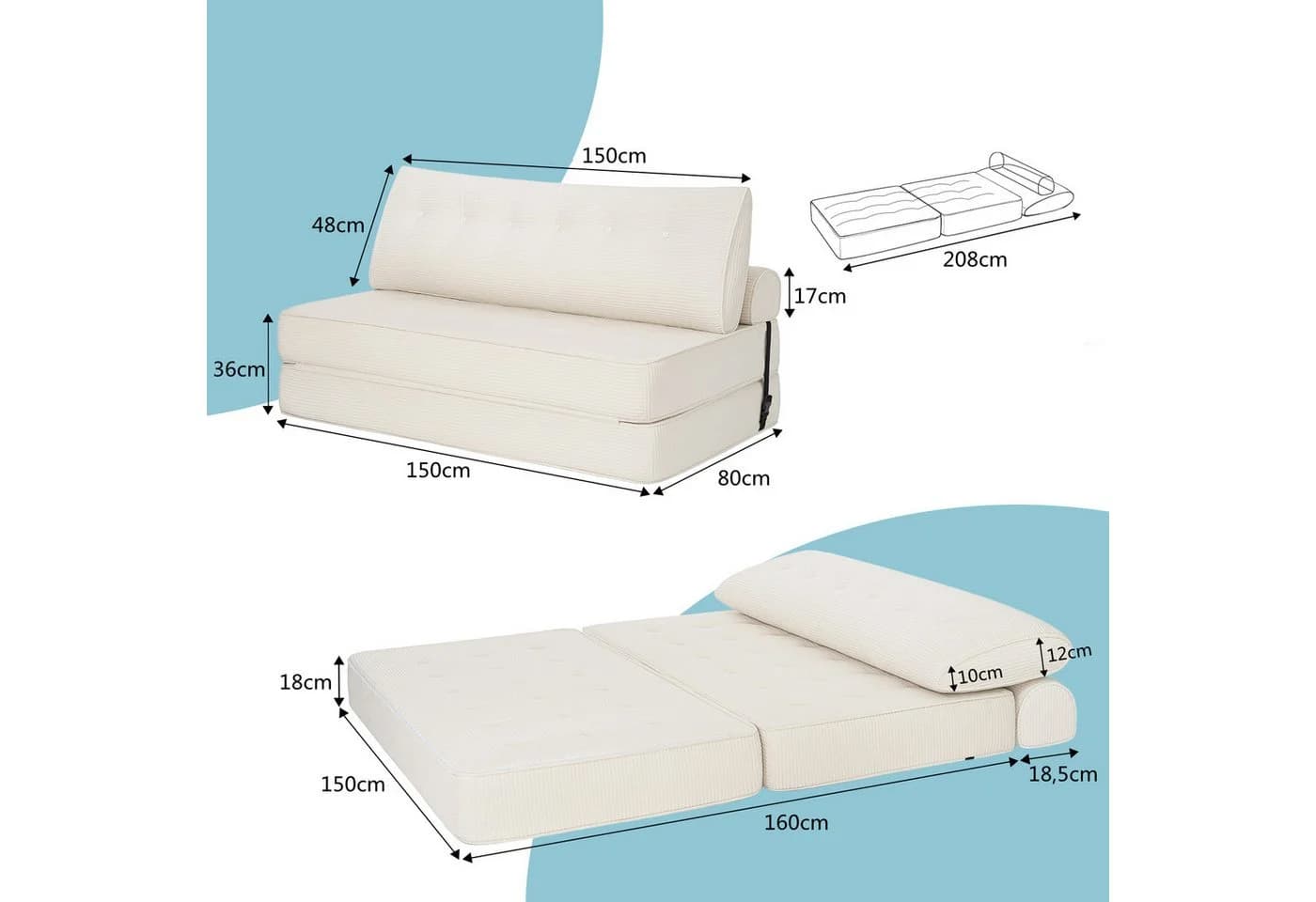 MECO Schlafsofa Modernes Klappsofa 80x150x40 cm Bequemes Cord-Sofa-Bett - Bild 5