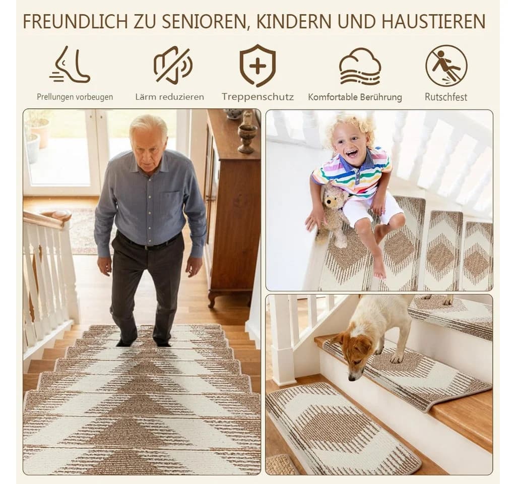 MECO Stufenmatte Rechteckig 0.75 mm Rutschfeste Bullnose Treppenstufenmatten 15er Set Selbstklebend