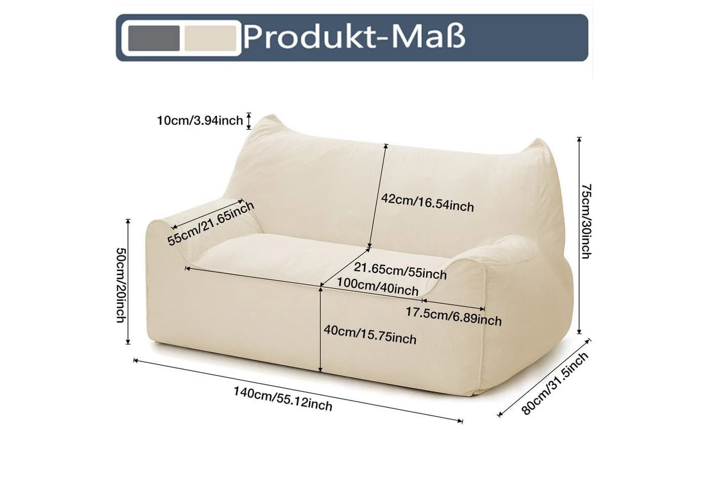 Insma Sitzsack 2-Sitzer Lazy-Sofa Beige Chenille mit Füllung - Bild 5