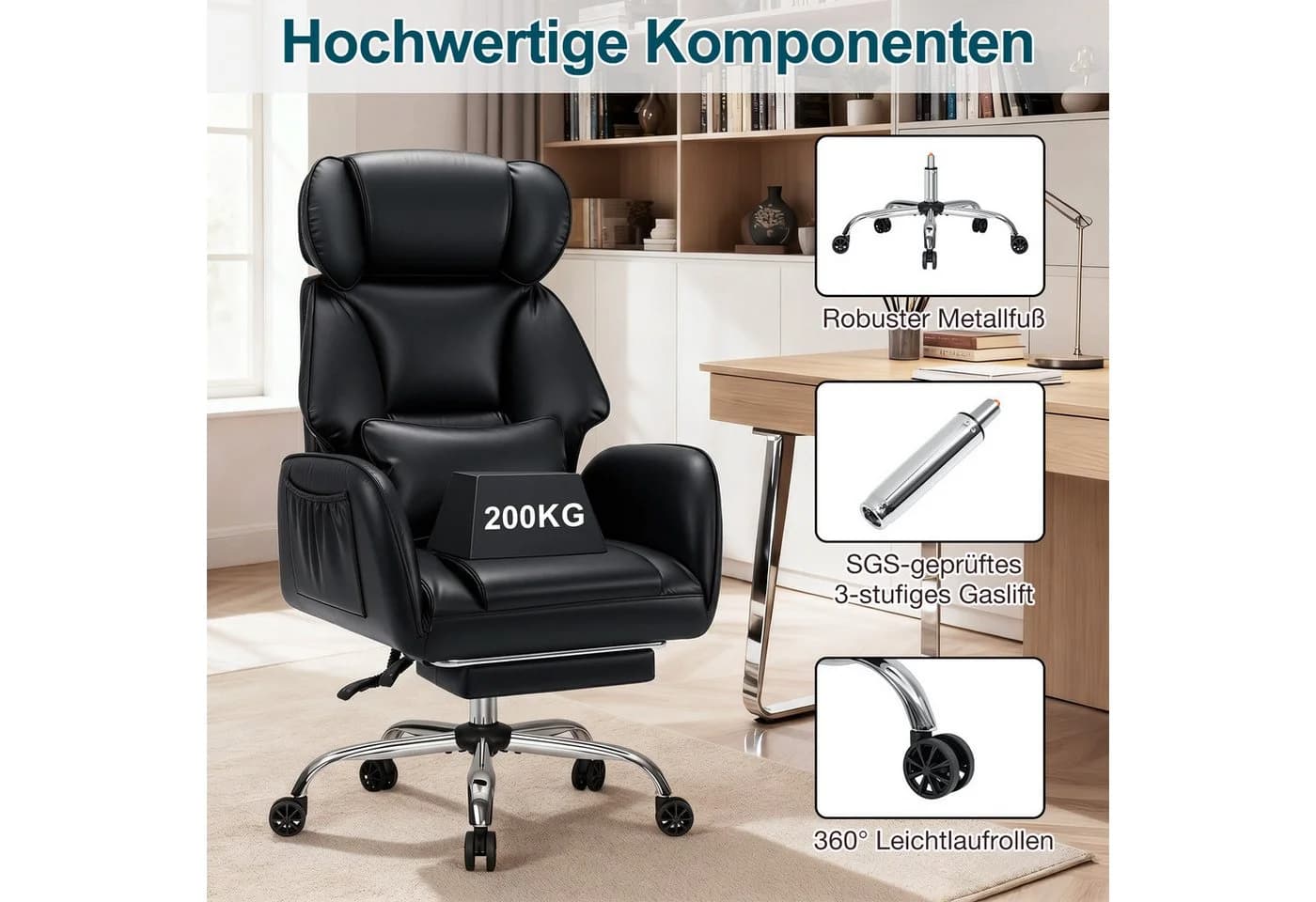 Hoffree Chefsessel Ergonomisch Chenille Schwarz 200kg Belastbar - Bild 5