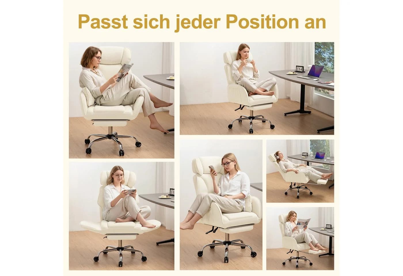 Hoffree Chefsessel Ergonomischer Bürostuhl Beige 200kg Belastbar - Bild 3