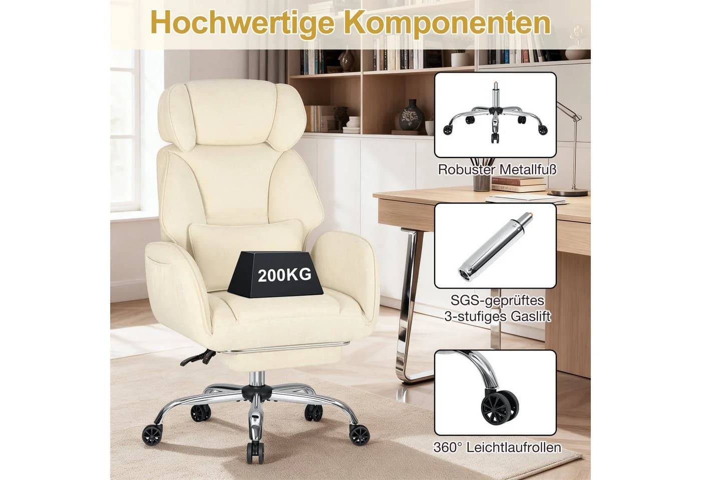 Hoffree Chefsessel Ergonomischer Bürostuhl Beige 200kg Belastbar - Bild 4