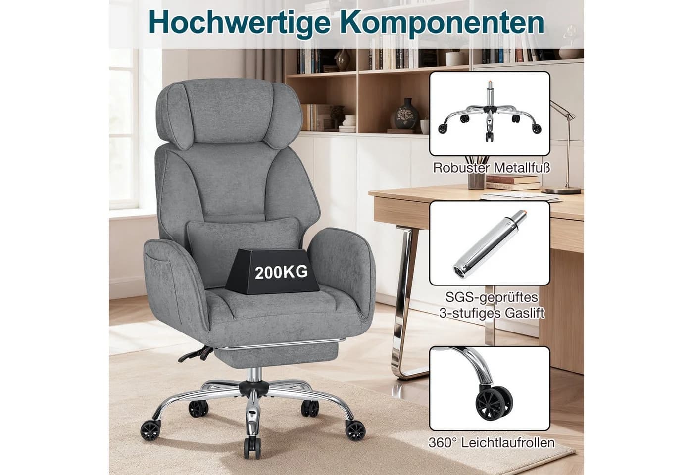 Hoffree Chefsessel Ergonomisch Grau Chenille 200kg Belastbar - Bild 4