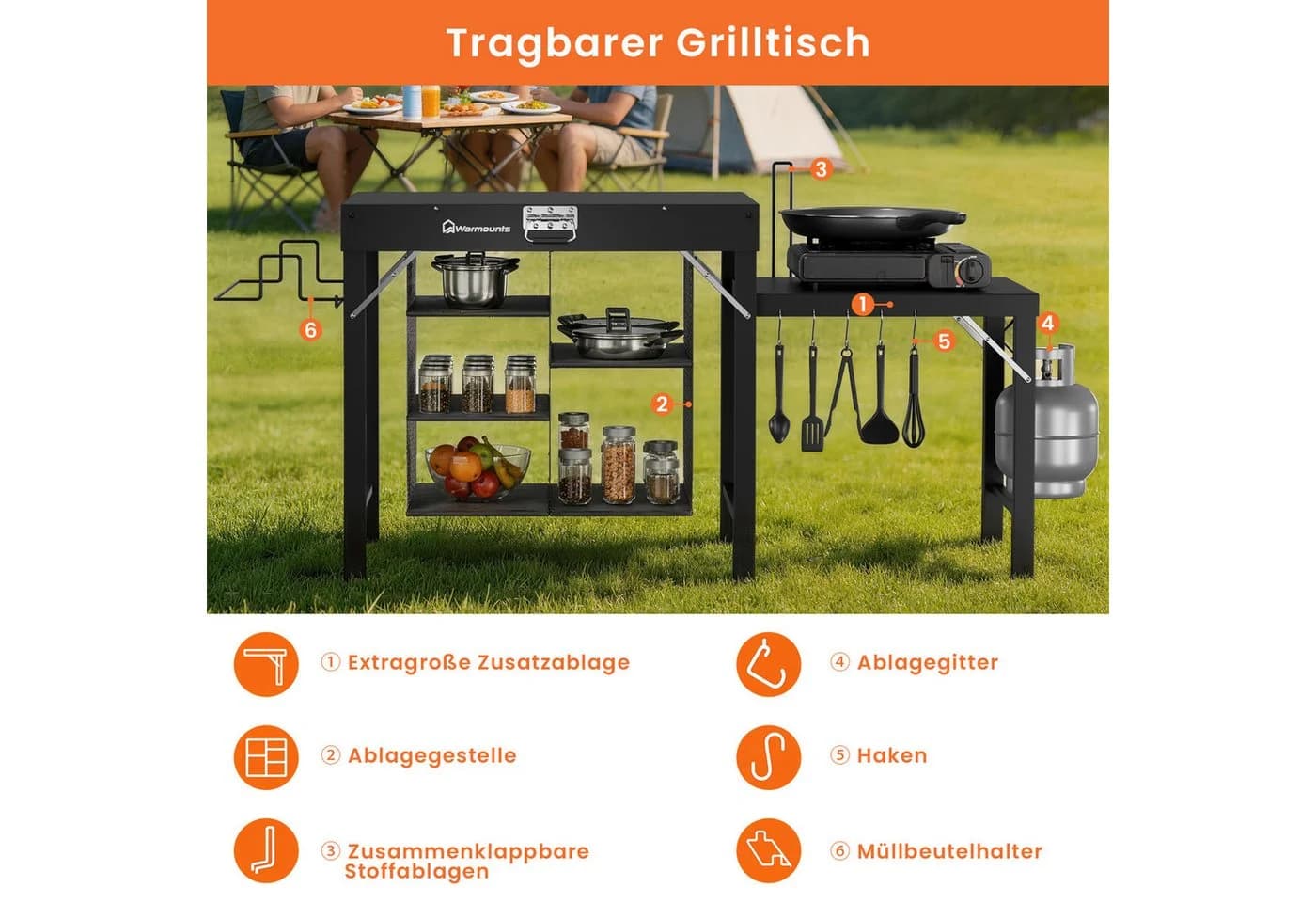 Warmounts Multifunktionaler Grilltisch Klappbar Schwarz - Bild 3