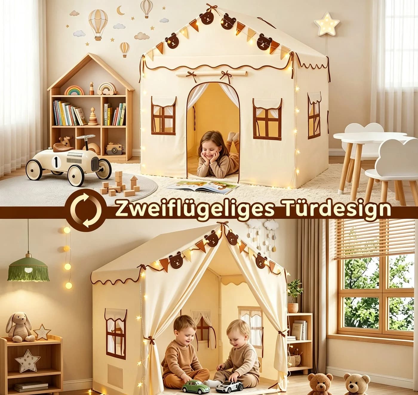 Insma 2-in-1 Kinderzelt Beige mit Sternenlicht und Spielmatte - Bild 3