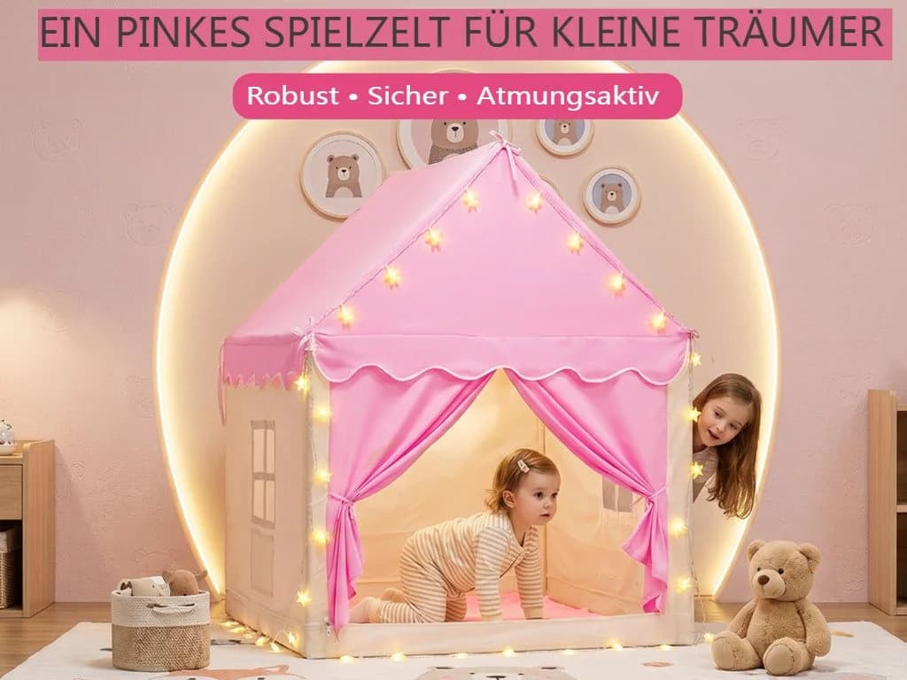 Insma Prinzessinnen-Spielzelt 2 IN 1 mit LED-Sternenlichtern & Spielmatte Rosa