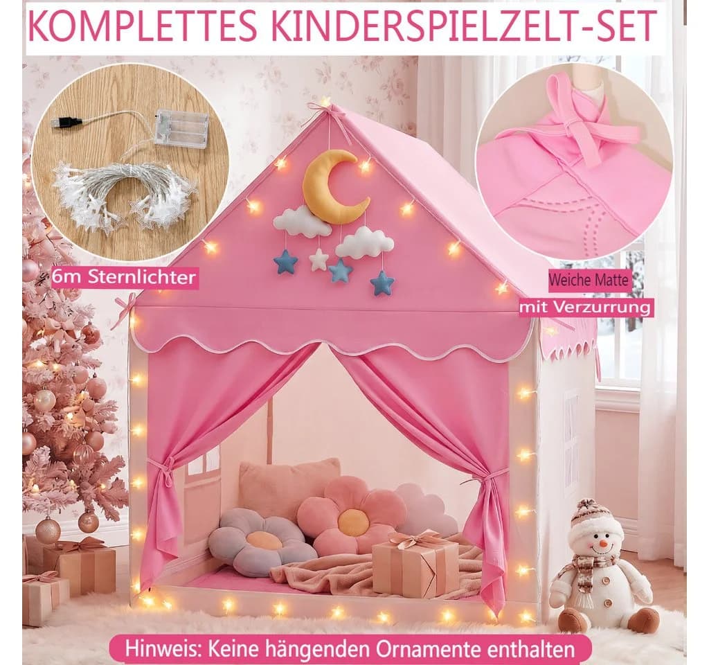 Insma Prinzessinnen-Spielzelt 2 IN 1 mit LED-Sternenlichtern & Spielmatte Rosa - Bild 3