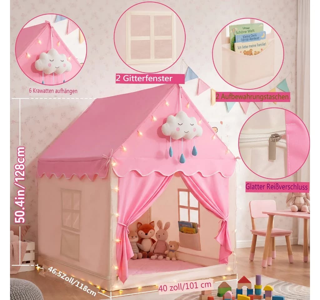 Insma Prinzessinnen-Spielzelt 2 IN 1 mit LED-Sternenlichtern & Spielmatte Rosa - Bild 5