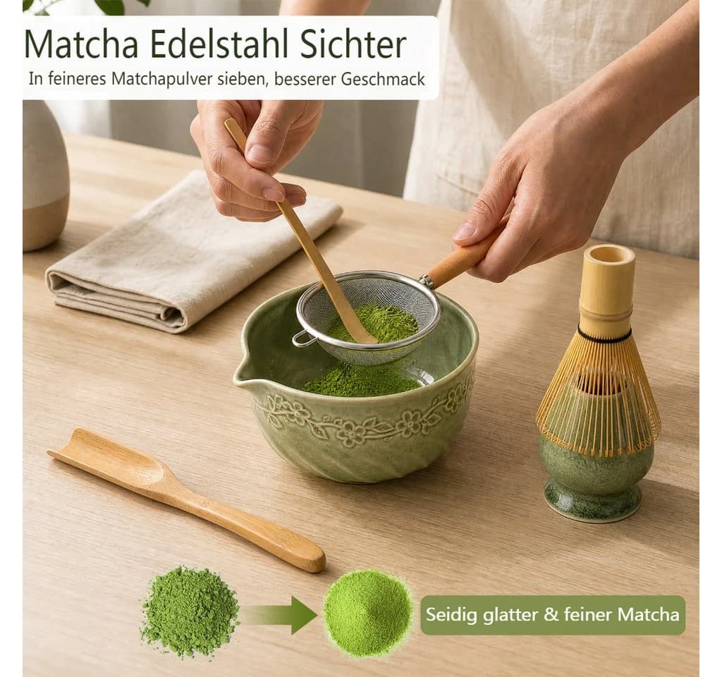 VONATES Matcha Set 9-teilig Keramik Bambus Grün/Rosa - Bild 3