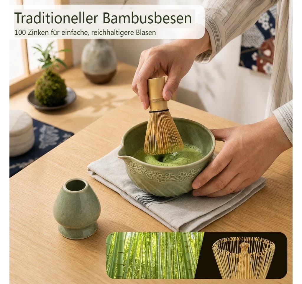 VONATES Matcha Set 9-teilig Keramik Bambus Grün/Rosa - Bild 5