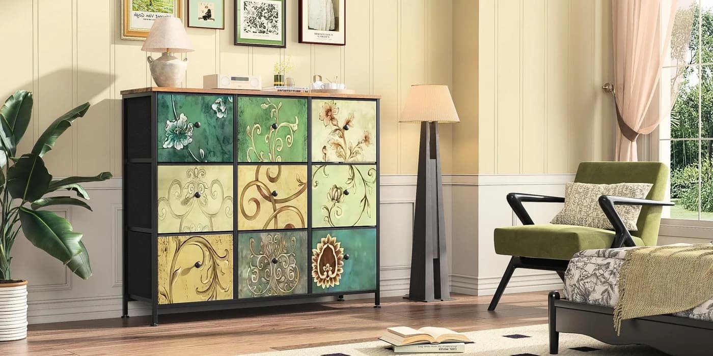 FUROKOY Kommode Stauraumschrank Retro Stil Blumenmuster 9 Schubladen