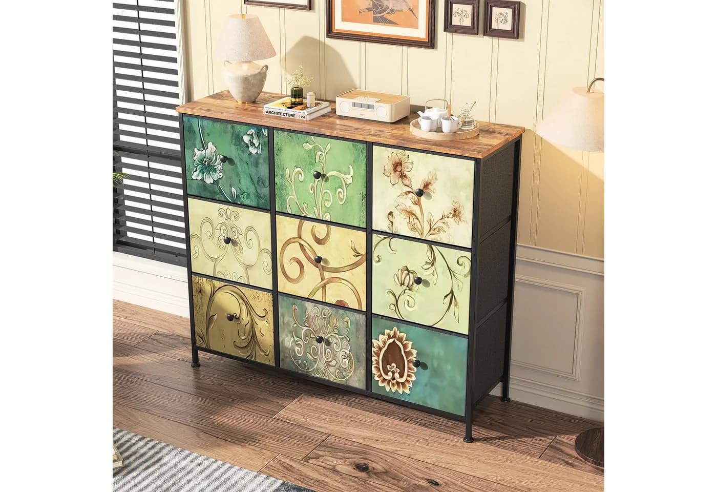 FUROKOY Kommode Stauraumschrank Retro Stil Blumenmuster 9 Schubladen - Bild 3