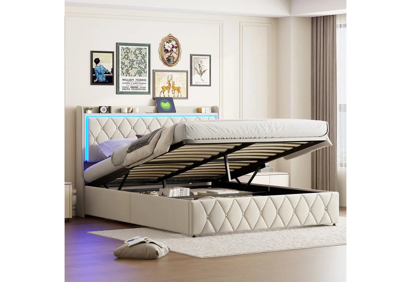 FUROKOY Polsterbett Hydraulisch Doppelbett Jugendbett 140x200cm Stauraumbett Beige - Bild 2