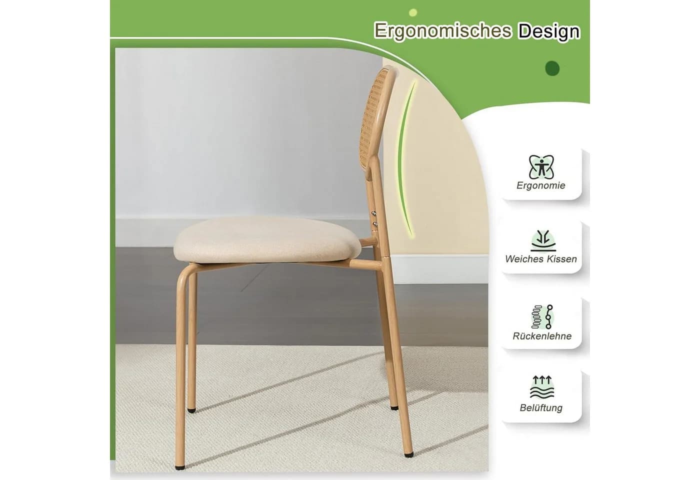 FUROKOY Esszimmerstuhl Rattan 2er Set Kunstleder Metallbeine Holzfarbe - Bild 4