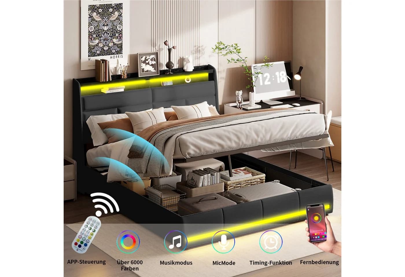 ADWOLT Polsterbett mit LED-Beleuchtung und Stauraum Schwarz