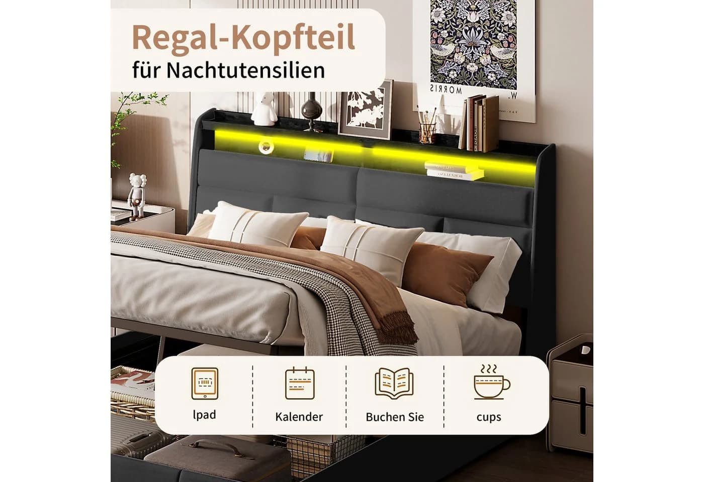 ADWOLT Polsterbett mit LED-Beleuchtung und Stauraum Schwarz - Bild 3
