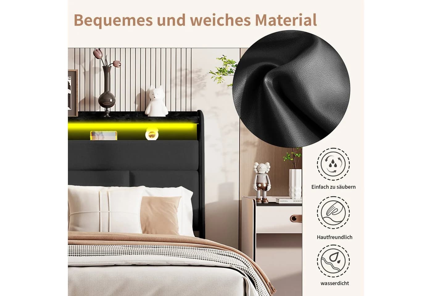 ADWOLT Polsterbett mit LED-Beleuchtung und Stauraum Schwarz - Bild 4