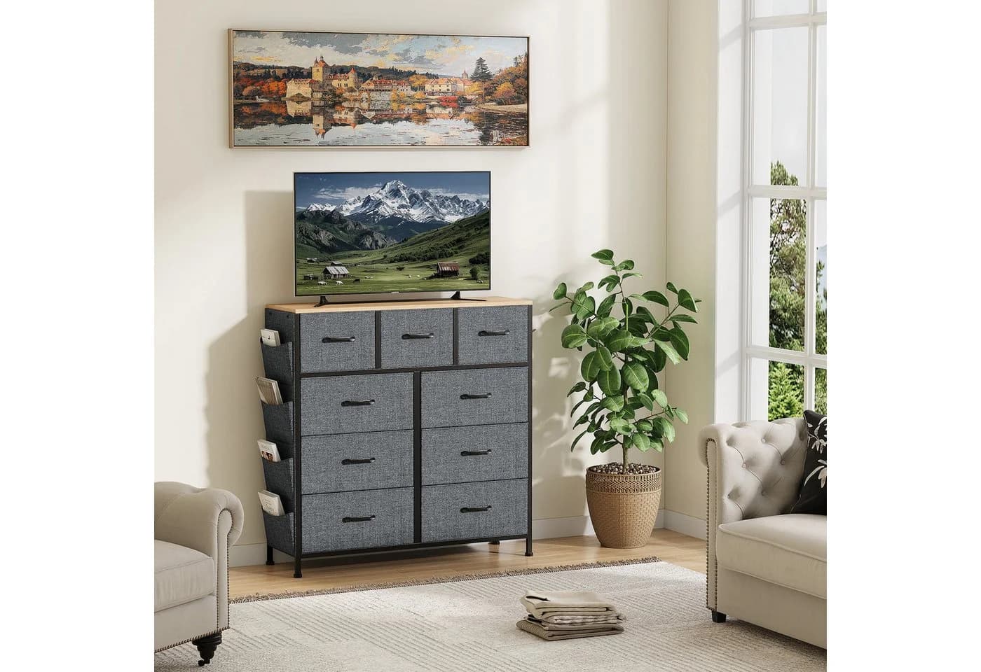 FUROKOY Kommode Stauraumschrank Retro Stil Grau 9 Schubladen