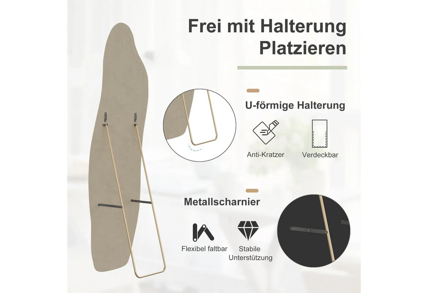 FUROKOY Ganzkörperspiegel Gold Kristall-Samt Rahmen Asymmetrisch