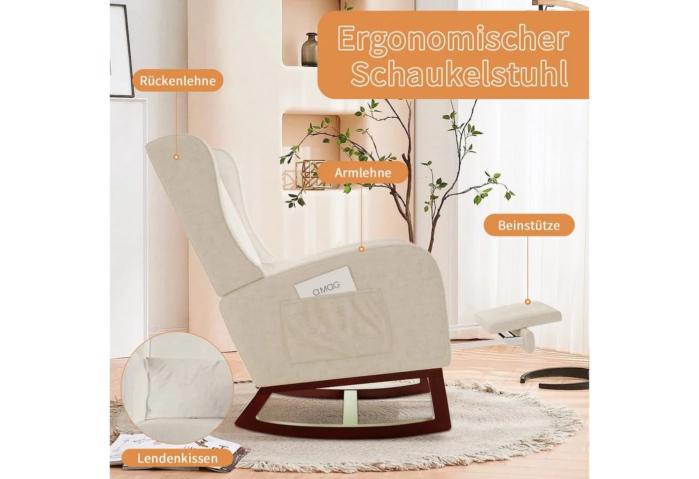 FUROKOY Schaukelstuhl Relaxsessel Beige - Bild 4