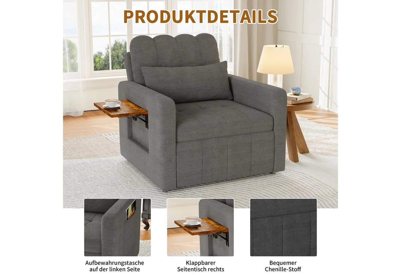 FUROKOY Schlafsofa Daybett 2-in-1 mit verstellbarer Rückenlehne Grau