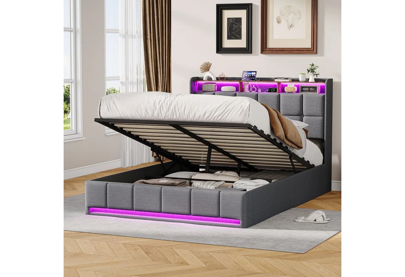 ADWOLT Polsterbett Grau mit LED-Beleuchtung und Stauraum - Bild 2